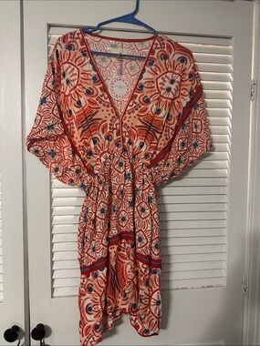 Umgee Coral and Blue Floral Print Mini Dress